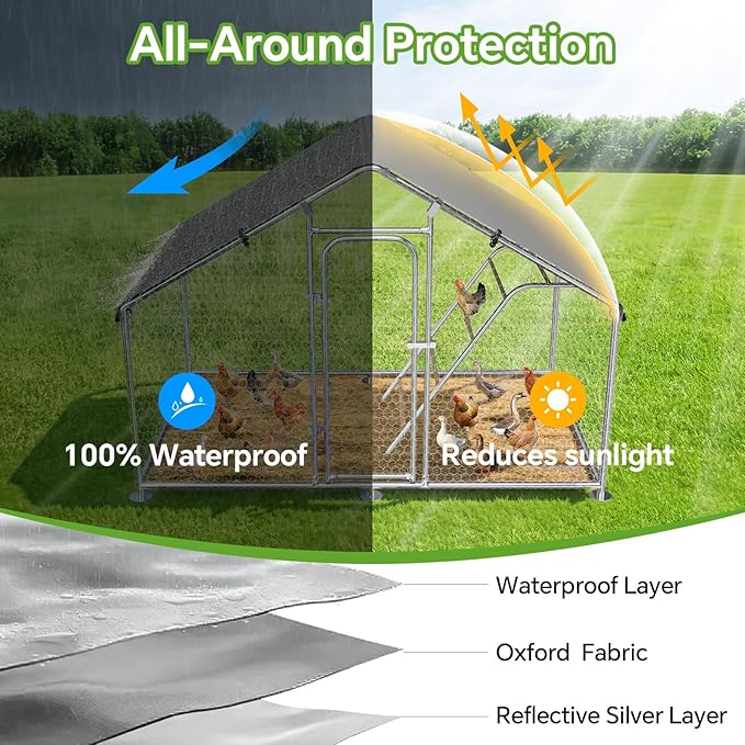Large Metal Chicken Coop with Roosting Perch, UV-Resistant and Waterproof Cover, Chicken Run Outdoor Walk-in Cage, Duck Goose House for Yard Farm Use Spire Roof (10’W x 4.9’L x 6.4’H)