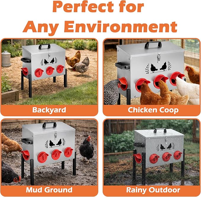Large Capacity Automatic Chicken Feeder, 8 Port Chicken Feeder, 48LB Metal Chicken Feeders with Locking Lid & Adjustable Legs, No Waste Chicken Feeder, Silver