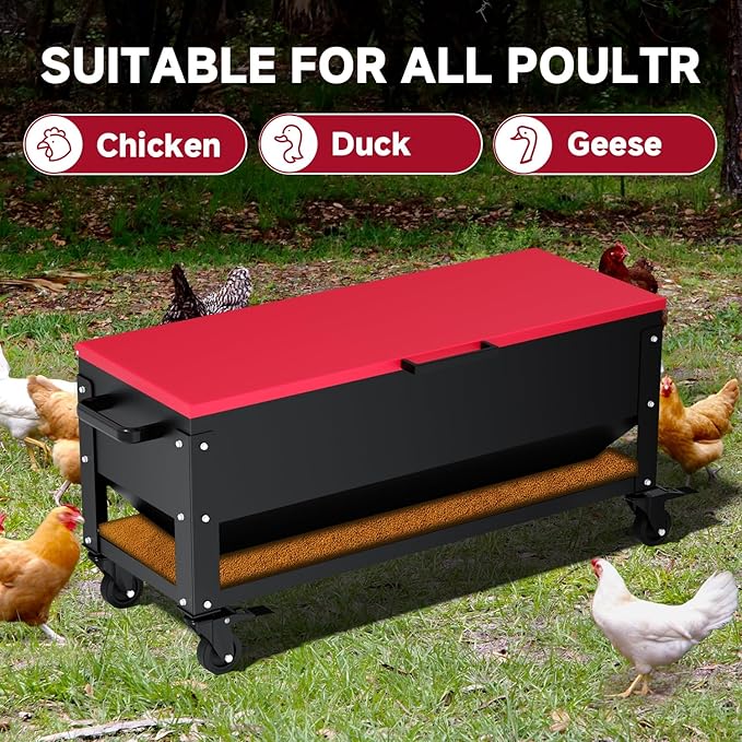 Heavy Duty Chicken Feeder 120 lbs Large Capacity, Metal Automatic Poultry Feeding Box with Waterproof Lid, Raised Standing Feeder with Wheels for Hens & Roosters, Portable & Easy to Move