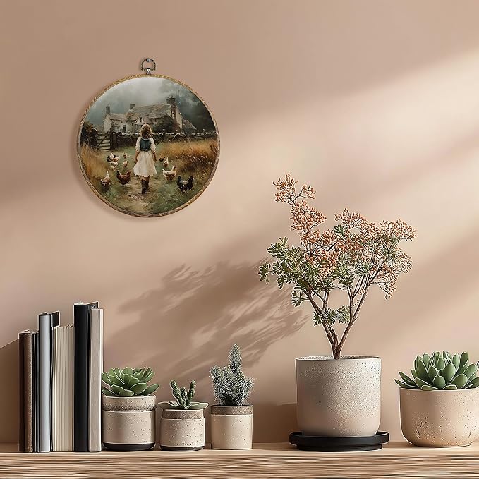 Pugwak Vintage Rustic Farmhouse Round Wall Art Decor, Farmhouse Farm Little Girl Chicken Canvas Art Framed, Cottagecore Country Artwork Wall Hanging Decor for Home Bedroom Living Room, 10x10in