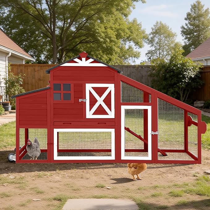Large Chicken Coop with Run and Wheels, Wooden Hen House with Nesting Box and Waterproof Roof, Poultry Cage with Leakproof Tray, Rabbit Hutch, Bunny Cage Outdoor, Chicken Tractor for 4 Chickens (Red)