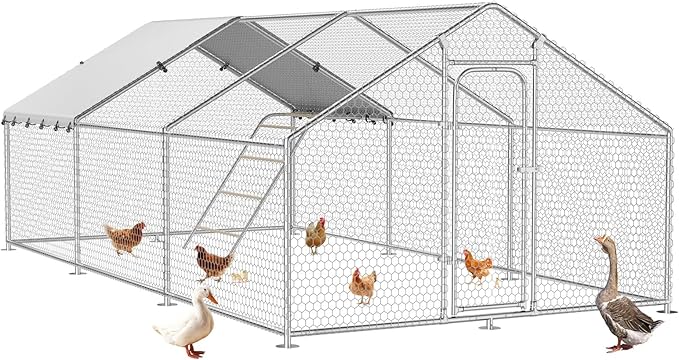 Large Metal Chicken Coop with Roosting Perch Walk-in Poultry Cage Chicken Run House Chicken Pen Spire Shaped Coop with Waterproof Cover for Outdoor Backyard Farm Use(10' L x 19.7' W x 6.4' H)