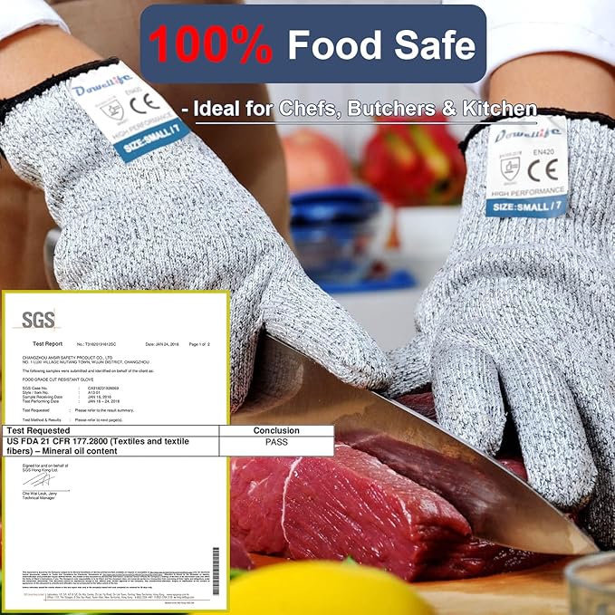 Dowellife Cut Resistant Gloves Food Grade Level 5 Protection, Safety Kitchen Cuts Gloves for Oyster Shucking, Fish Fillet Processing, Mandolin Slicing, Meat Cutting and Wood Carving (X-Large-3 Pairs)