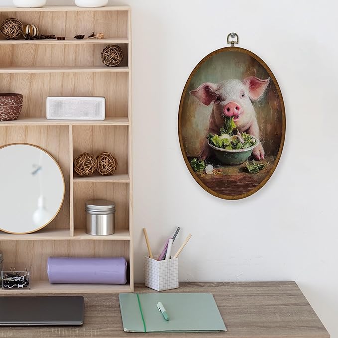 WULQYING Funny Pig Kitchen Wall Art Decor, Rustic Farmhouse Pig Oval Framed Canvas Art Prints, Country Farm Animal Wall Hanging Decor for Home Kitchen Dining Room, 8.6x11.4 Inches
