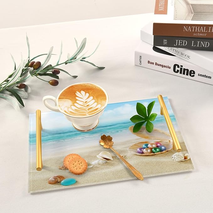 Bathroom Vanity Tray Counter Organizer, Beach Peals Decorative Tray with Handles Countertop Storage for Bathroom Bedroom Kitchen Home Farmhouse