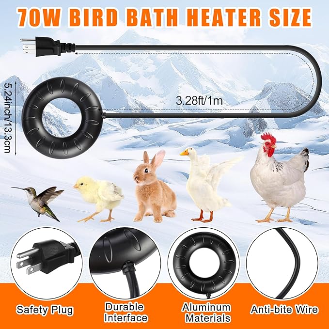 3 Pcs Submersible Water Heater Bird Bath Heater Chicken Waterer De-icer Water Trough Outdoor for Farm Pond Winter Poultry Livestock Tank Horse Drink, Pipe Tape Cord Cover(Black,70 W)