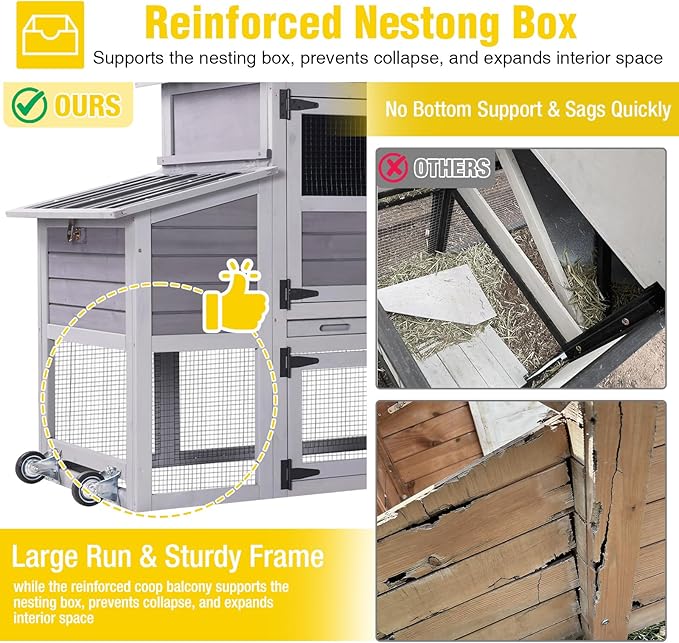 Aivituvin 83in Chicken Coop Mobile Hen House Outdoor Wooden Poultry Cage with Wheels Nesting Box Run for 4-6 Chickens