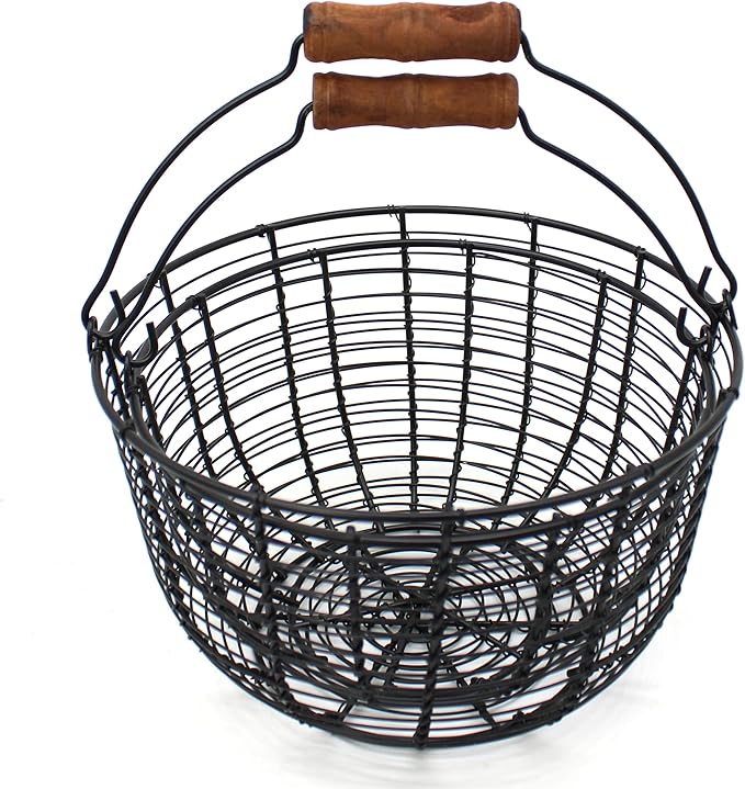 CVHOMEDECO. Metal Wire Egg Baskets Wire Fruit Baskets with Wooden Handle Country Vintage Style Storage Baskets. Matt Black, Set of 2. (Round)