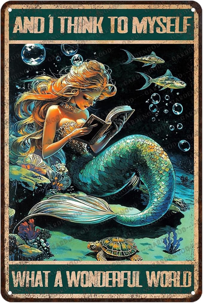Mermaid Tin Sign And I Think To Myself What A Wonderful World Poster Home Decor Funny Home Decor Cave Bar Wall Decor 12x8 Inch