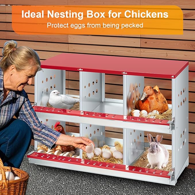 Metal Chicken Nesting Boxes - 6 Hole Wall-Mountable Laying Boxes with Lid & Roll-Away Egg Collection, Weatherproof Galvanized Steel, for Chicken Coop, Red