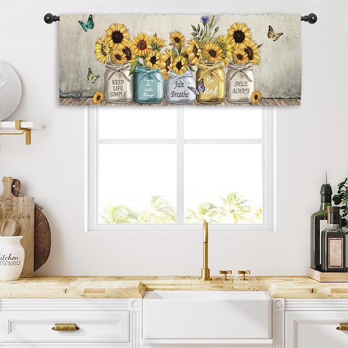 Miyotaa Rustic Sunflower Farmhouse Kitchen Curtain Valance 54W x 18H Rod Pocket Quotes Motivational Inspirational Country Vintage Window Treatment for Living Room Bedroom Bathroom
