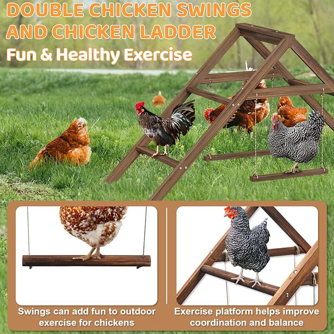 Large Chicken Perch with 2 Swings, Wood Roost Stand for 10-12 Chickens, Multi-Level Chicken Roosting Bars, Easy to Assemble Backyard Chicken Coop Accessories