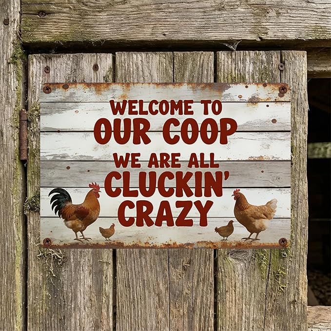 Funny Chicken Metal Sign Outdoor, Aluminum Farmhouse Wall Decor for Coop Door or Yard Area, Fluffy Humor Country Living Style, Rustic 8x12 Inch Gift