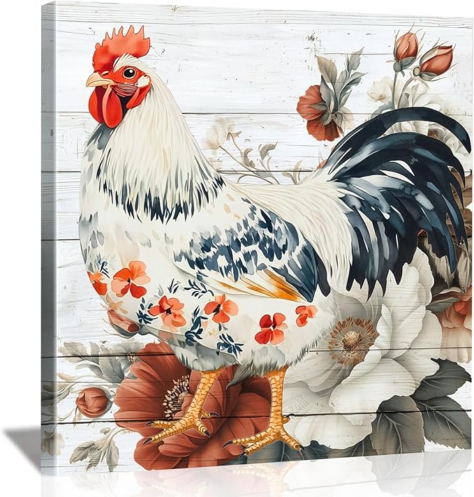 Framed Chicken Wall Art 16x16 Inch Rooster on Flower Stand Canvas Print Farmhouse Country Style Artwork for Kitchen Living Room Rustic Home Wall Decor (Rooster and flowers, 24L×24W)