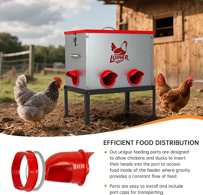 chicken food dispenser 25LB no waste chincken feeder 6 Ports Large Capacity Galvanized Metal Poultry Feeder with Legs and Lids - Reduces Refilling Frequency Chicken Feeding Equipment for Hen Coop