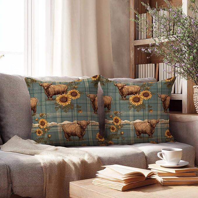 Highland Cow Sunflower Throw Pillow Covers 18x18 Inch, Set of 2 | Rustic Farm Animal Plaid Cushion Cases for Couch & Living Room | Country Farmhouse Home Decor Pillowcases