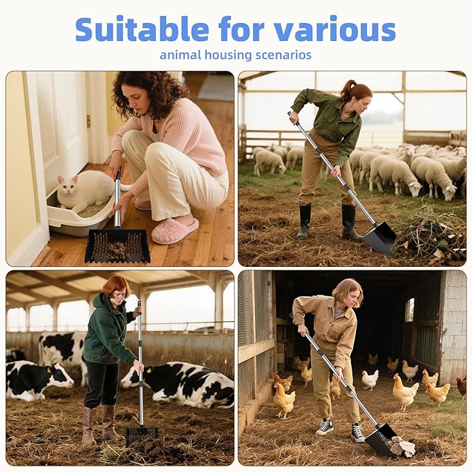 Chicken Poop Scooper & Rake 2-in-1, 4 in 1 Stainless Steel Handle Chicken Coop Pooper Shovel (23 to 62"), Suitable for Animal Sheds, Garbage Shovel with Adjustable Angle, Scooper Sand Sifting Shovel