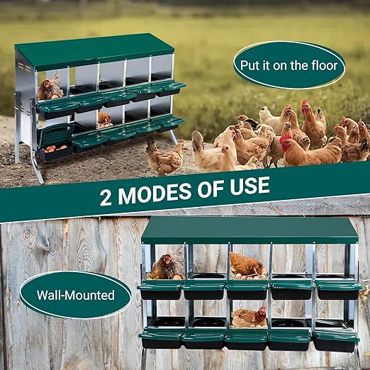 Garvee Chicken Nesting Boxes, 10 Hole Chicken Laying Box with Removable Trays and Roll Out Egg Collection for Chicken Coop, with Metal Legs, Green