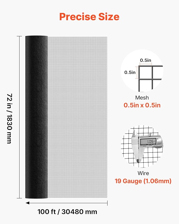 VEVOR Hardware Cloth 72 in x 100 ft, 1/2 in 19 Gauge Galvanized Wire Mesh Roll, Weather-Resistant Vinyl Coated Chicken Wire Fencing, Heavy Duty Welded Garden Plant Fencing for Rabbit Cage Snake Fence