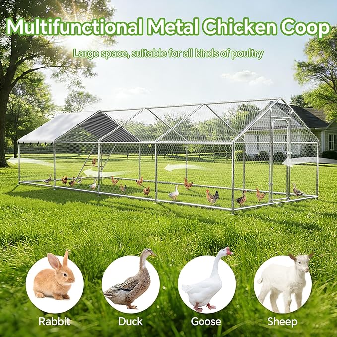 Chicken Coop Large Metal Chicken Run Poultry Cage with Water-Resident and Anti-UV Cover for Duck Rabbit House Outdoor,Spire Roof(314.96×118.11×77.95 in)