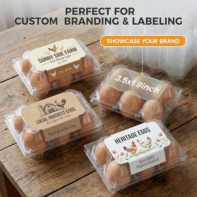 HANSGO 60 PCS 6 Count Plastic Egg Cartons Bulk, with 60PCS Date Labels, Clear Stackable Egg Holder for Fresh Medium Eggs Storage, Perfect for Farm, Family, Markets Display