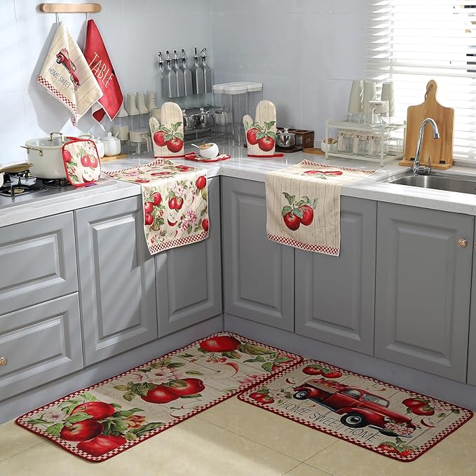 10 Pcs Apple Farmhouse Kitchen Decor Set Dish Towels Kitchen Rugs Oven Mitts and Pot Holders Set for Cooking Baking Grilling Women Mom Daughter Gift (Fruit Color)