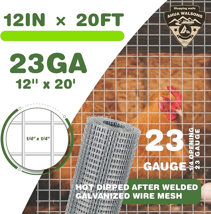 Hardware Cloth 1/4 Galvanized Wire Mesh Roll 12" x 20' (23 GA) - Chicken Wire Fence for Pens, Coops, Rabbit/Snake Fences, Poultry Enclosures, Crafting, and Screen Mesh