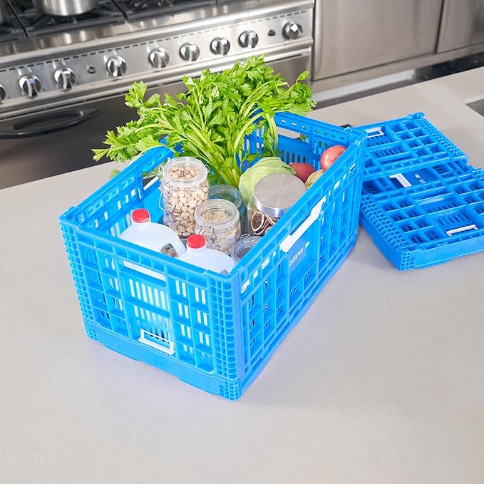 Restaurantware Plastic Milk Crates for Storage - 10 Pack - Cater Tek Stackable Storage Buns for Organizing - Collapsible Storage Basket for Groceries, Home Supplies, Blue