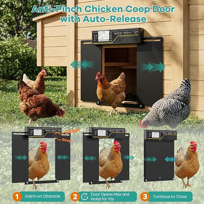 Large Automatic Chicken Coop Door Solar Powered, 4Modes Aluminum Horizontally Dual-Door Design with Timer & Light Sensor, Auto Chicken Door with Remote Control, Excellent Anti-Pinch & Easy to Program
