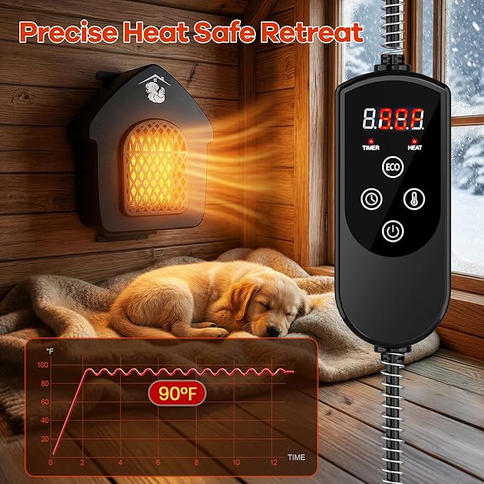Dog House Heater with Thermostat, Outdoor Pet Heater with Anti-Bite Cord, Chicken Coop Heater, Wall-Mounted Heater for Dog House Outdoor, Suitable for Dogs Cats Chickens Hamsters