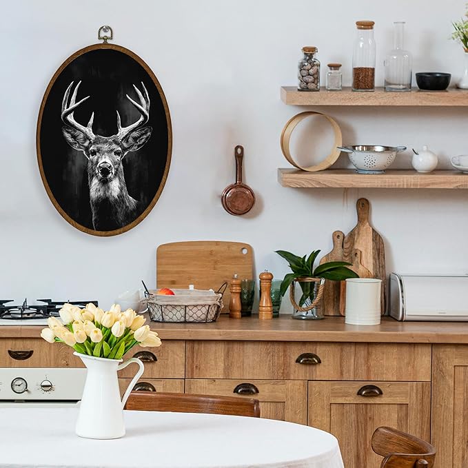 WULQYING Vintage Deer Wall Art Decor, Moody Dark Academia Stag Oval Framed Canvas Art Prints, Rustic Farmhouse Forest Animal Wall Hanging Decor for Home Bedroom Living Room, 8.6x11.4 Inches