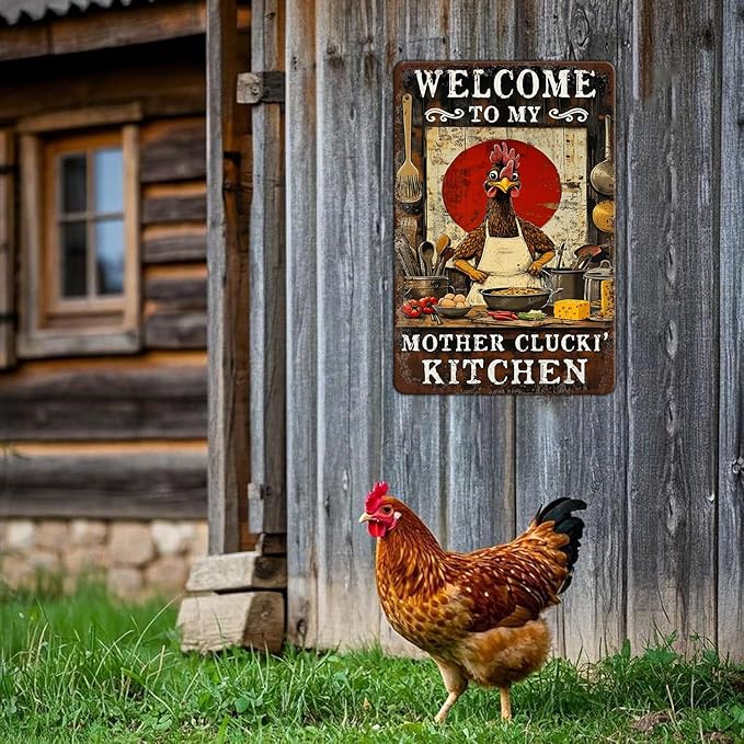 Funny Chicken Signs Welcome To My Kitchen Humorous Cartoon Rooster Cooking Aluminium Sign Metal Chicken Signs Decor Home Ktichen Farm Are Wall 12x16 Inch Vintage Chicken Signs Metal Tin Poster