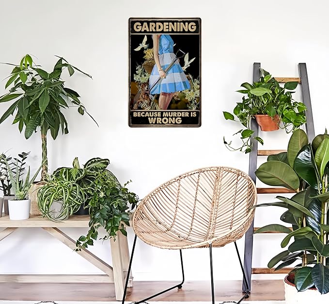 Funny Garden Decor Metal Garden Sign, 12" x 8", Gardening Because Murder Is Wrong