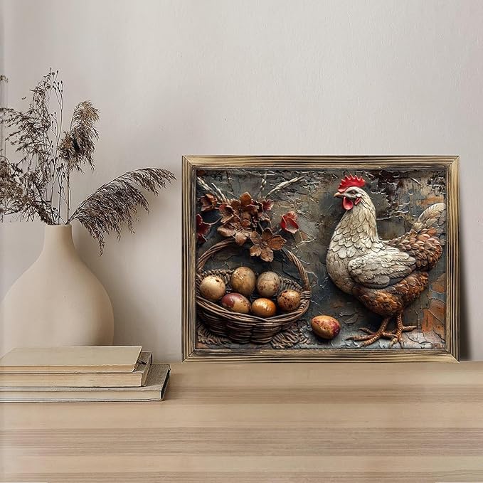 Rustic Long Wooden Framed Art Rustic Hen Eggs Basket Flowers Texture Farmhouse Style Wall Decor Sign for Tabletop Or Hanging - Durable Handcrafted Wood Print - Home & Office Decoration