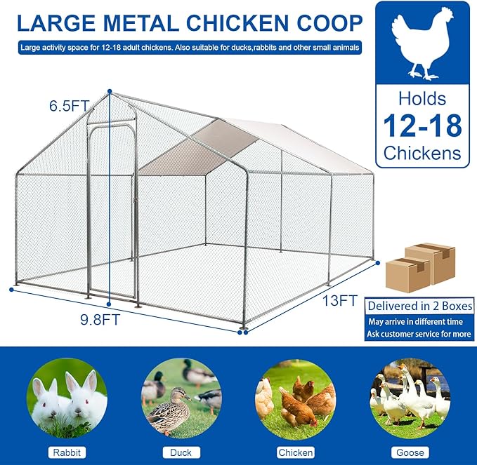 Large Metal Chicken Coop with Roof and Run for 12-18 Chickens, Walk-in Outdoor Chicken Runs for Yard with Waterproof Cover,Wire Mesh Poultry Cage as Hen House,Duck Coop,Rabbit Hutch