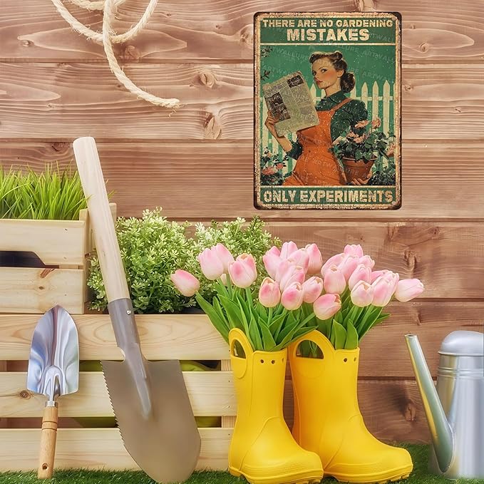 Gardening Girl Metal Tin Sign Rustic Wall Decor Vintage Art There Are No Gardening Mistakes Only Experiments Quote 12x16inch