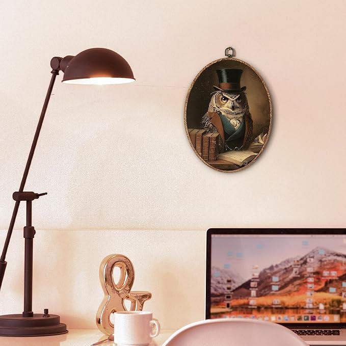 Hxlac Vintage Owl Book Oval Wall Art Framed, Whimsical Owl Bookish Oval Wall Decor, Moody Dark Academia Bird Canvas Prints Wall Sculptures for Home Library Reading Room Gallery Decor, 8.5x11.5 Inch