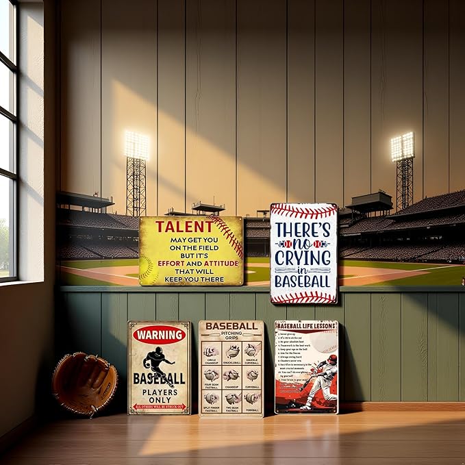 5 Pack Baseball Decor For Boys Room Vintage Baseball Tin Sign Baseball Stuff Accessories Wall Art Decor Posters Baseball Themed Party Decoration Motivational Quote Gifts Cool Boy Bedroom Decor 8x12 In
