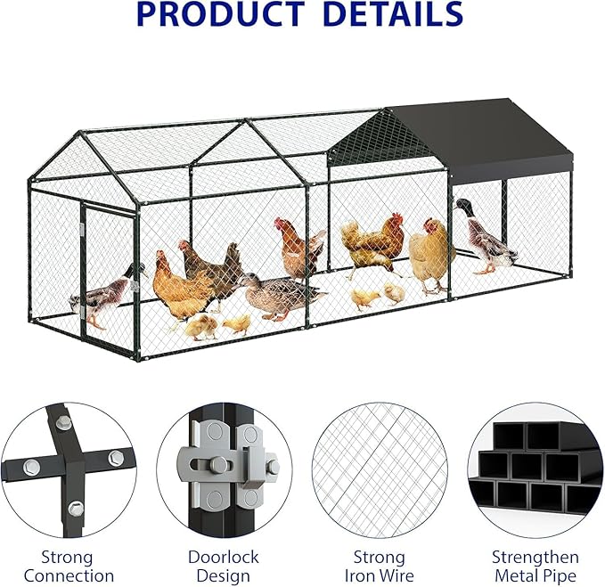 Large Metal Chicken Coop Run with Cover, 120"×40"×40" Portable Poultry Cage Walk in Hen House for Outdoor Chicken Rabbit Duck,Backyard Farm Animal Enclosure Crate Black