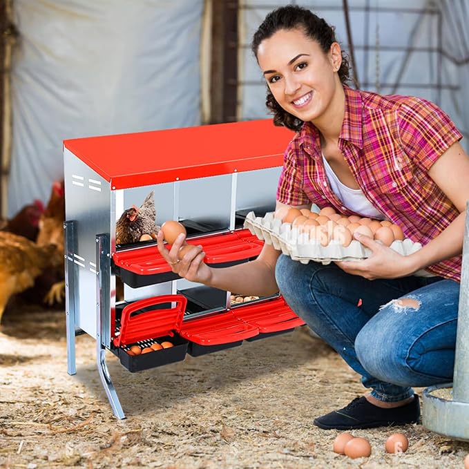 Chicken Nesting Box, 2-Tier Chicken Egg Laying, 10 Compartments Chicken Laying Box for Hens, 10 Room Metal Nesting Boxes for Chicken, Roll Away Nest Box with Lid Cover to Protect Eggs, 10 Holes Red