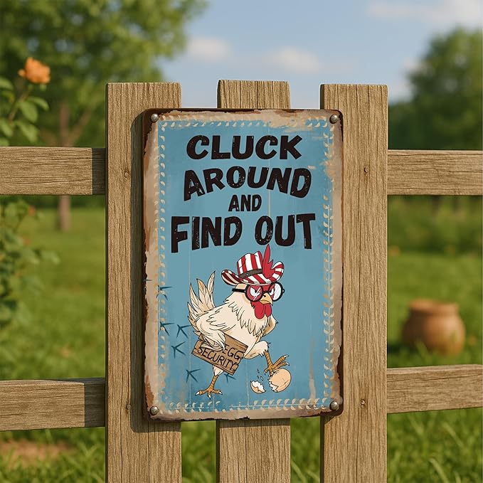 Funny Gift for Chicken Lovers – Retro Chicken Coop Sign with Sassy Hen Artwork, Metal Tin Sign for Outside Fence, Farm Gate or Indoor Wall Decor, Perfect Christmas Decoration, 8" x 12“