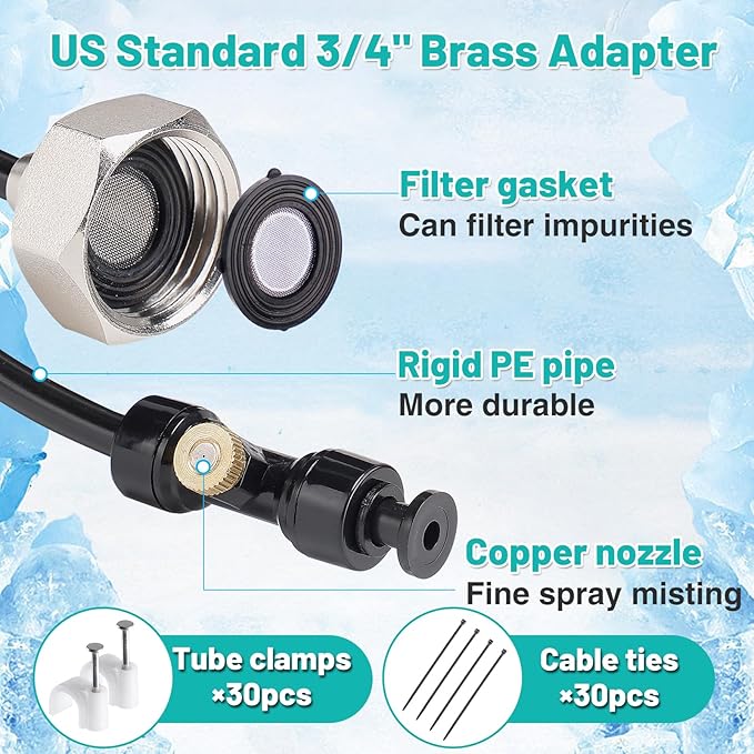 Pre-Assembled Chicken Coop Misting System for Cooling - Leak-Resistant Mist Hose Kit for Summer Poultry Heat Relief, Included 39.4ft Line, 3/4" Adapter, 11 Brass Nozzles, Filter Gasket Accessories