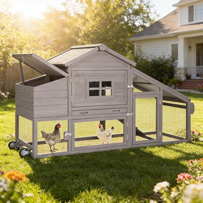 Aivituvin Chicken Coop with Run and Wheels, Mobile Outdoor Hen House Wooden Poultry Cage with Waterproof Roof (Grey, AIR23)