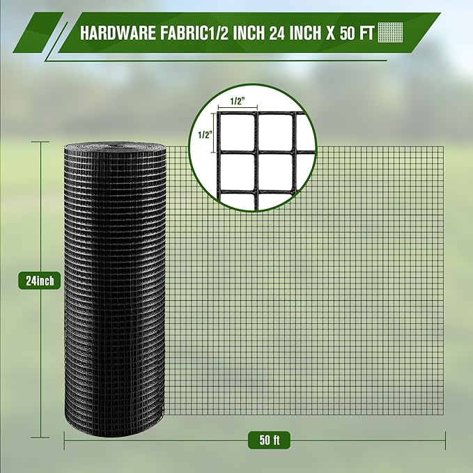Black Hardware Cloth, 1/2 inch 24 inch x 50ft 19 Gauge Black Vinyl Coated Hardware Cloth, Black Chicken Wire, Black Chicken Wire Fencing for Garden Fence and Home Project by KAKO