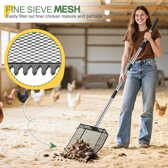 Updated Chicken Poop Scooper and Rake, 2-in-1 Chicken Poop Litter Scoop Sand Rake, Stainless Steel Handle (43–73"), Litter Scooper & Sand Sifting Shovel, Good for Chicken Coops & Farm Animals Scoop