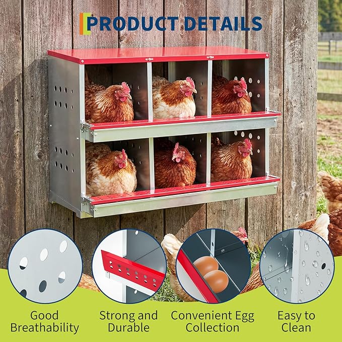Metal Chicken Nesting Boxes - 8 Hole Wall-Mountable Laying Boxes with Flip-Top Lid & Roll-Away Egg Collection, Weatherproof Galvanized Steel, Includes 8 Fake Eggs for Chicken Coop, Red