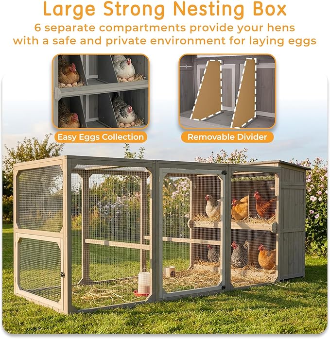 Large Chicken Coop with Run and Waterproof Cover, 92.5" Wooden Outdoor Hen House with 6 Nesting Boxes and Roosting Bars, Expandable Poultry Cage for 4–6 Chickens, Ducks or Rabbits, Backyard Farm Use