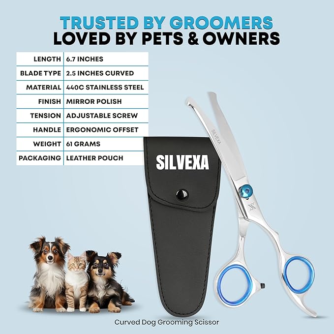 6.5” Curved Pet Grooming Scissors – Professional Dog Hair Cutting Shears with Blue Adjustable Tension Screw & Comfort Grip – Ideal for Face, Ears, Paws & Finishing