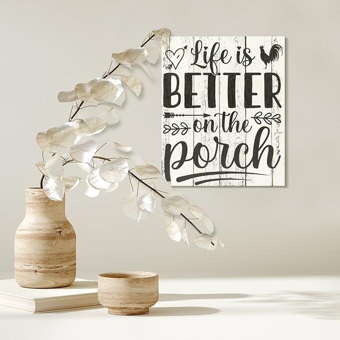 JennyGems Life is Better on the Porch Wooden Sign, Farm Life Decor and Wall Hanging, Whitewash Color, Made in USA