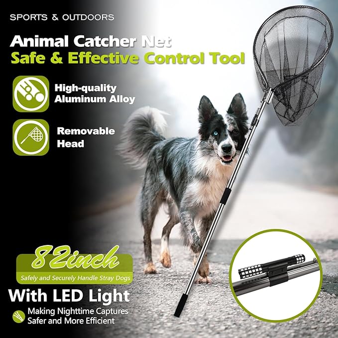 Dog Catch Net Pole, Animal Catching Net, Wildlife Control Tool, Large Fish Landing Net for Chicken Raccoon Duck Goose Bird Skunk Bat Raccoon Guinea Fowl Feral Cat Pigeon Tuna Goat - Heavy Duty